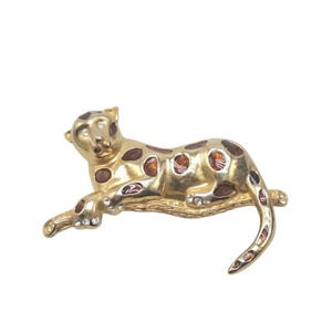 Clear Rhinestone Leopard Cheetah Enamel Amber Brooch Pin Gold Tone Vintage